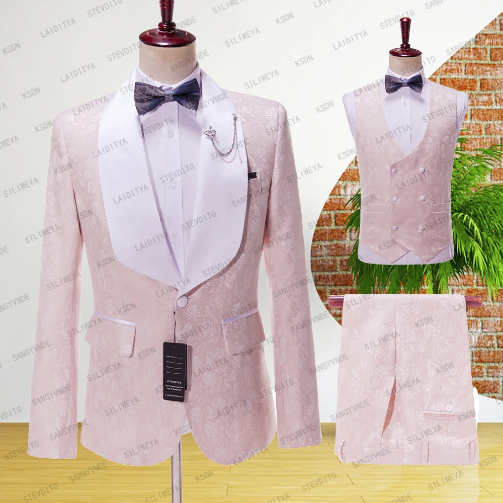

2023 New Style Pink Casual Men's Suit Slim Fit Type 3 Pieces Single Breasted Breathable Thin Prom Dress Jacket Party Travel