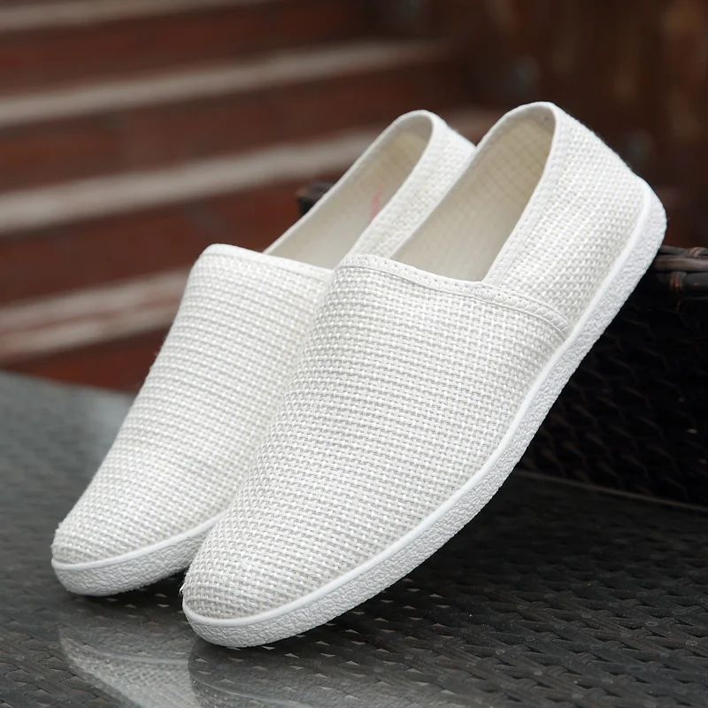 

2023Men Canvas Shoes Slip on Fisherman Driving Footwear White Shoes Linen Breathable Casual Flats Shoes Mens Canvas Loafers