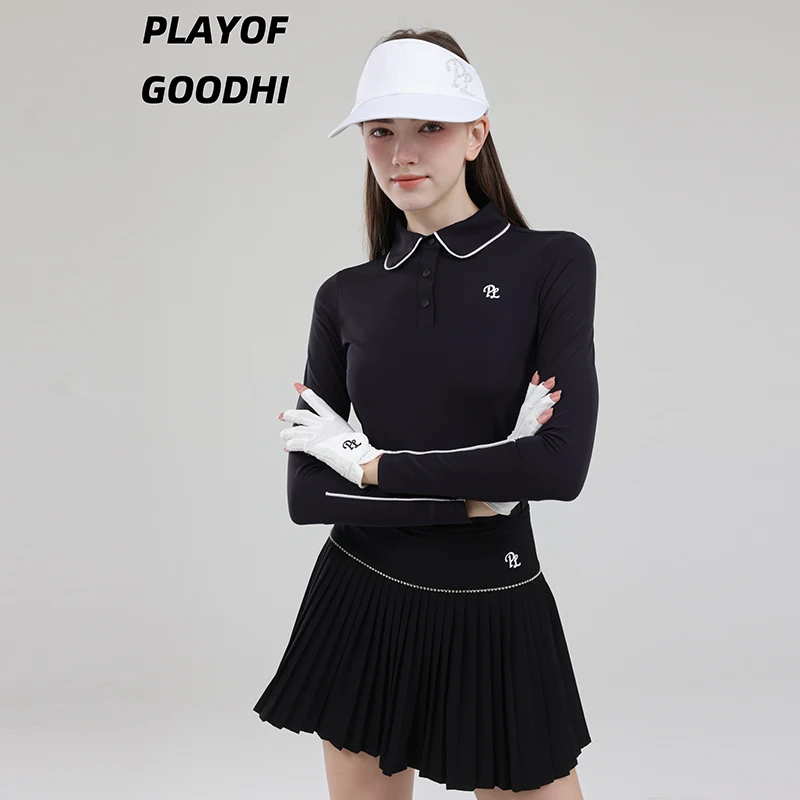Female Golf Clothing Long Sleeve Golf T-shirt Women Polo Collar Tops High-waist Pleats Skirt Golfer Skorts with Inner Short