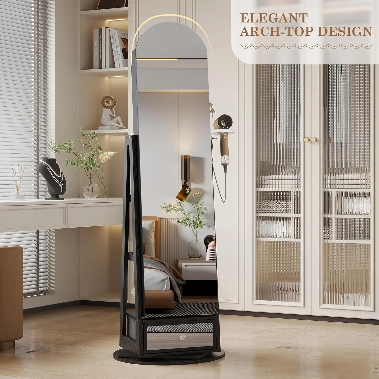 360° Swivel Arched Jewelry Mirror Cabinet, 64"H Standing Jewelry Armoire with 6 LED Lights, Lockable Jewelry Organizer