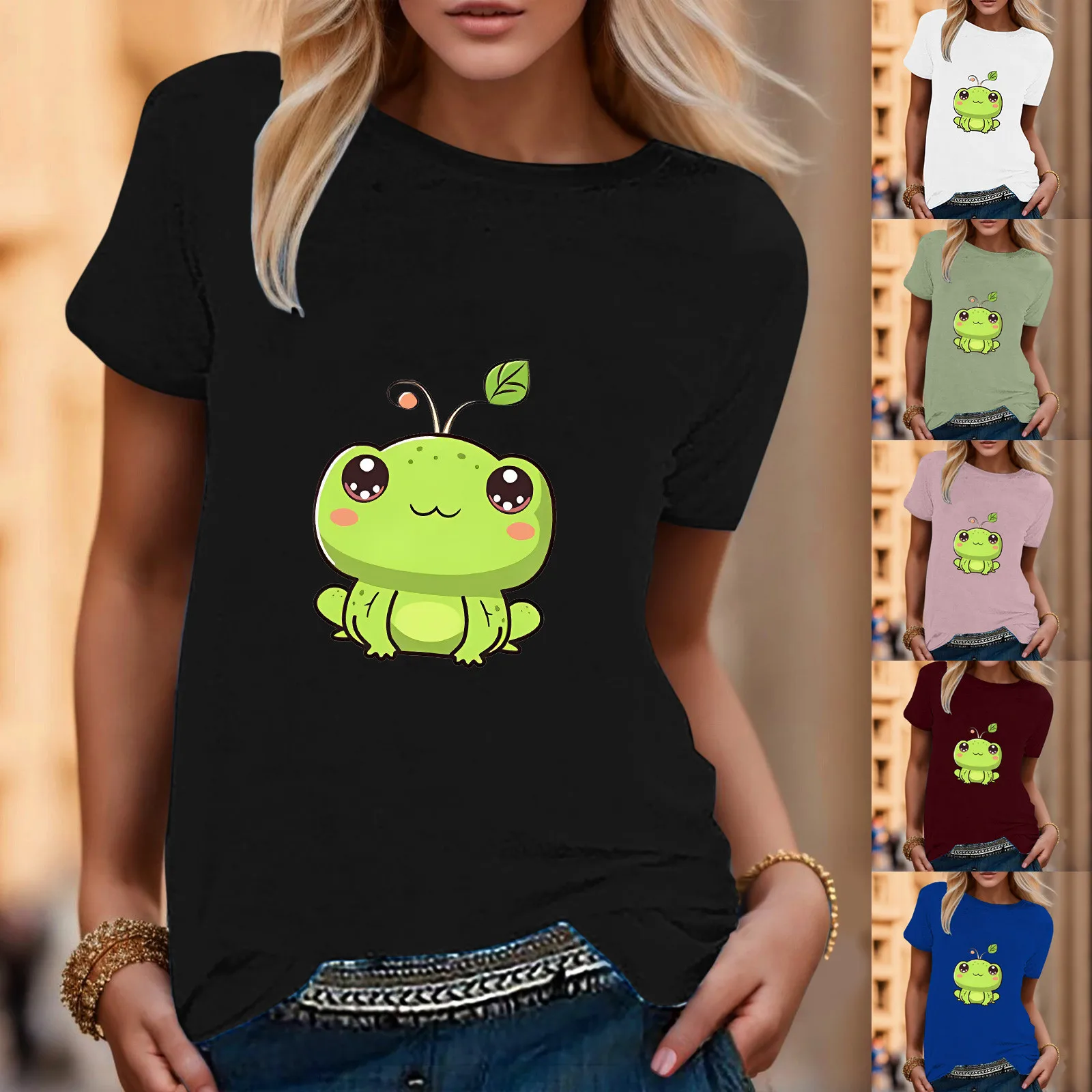 

Women Casual Short Sleeve Frog Print Round Neck Short Sleeve Top Tunic Top