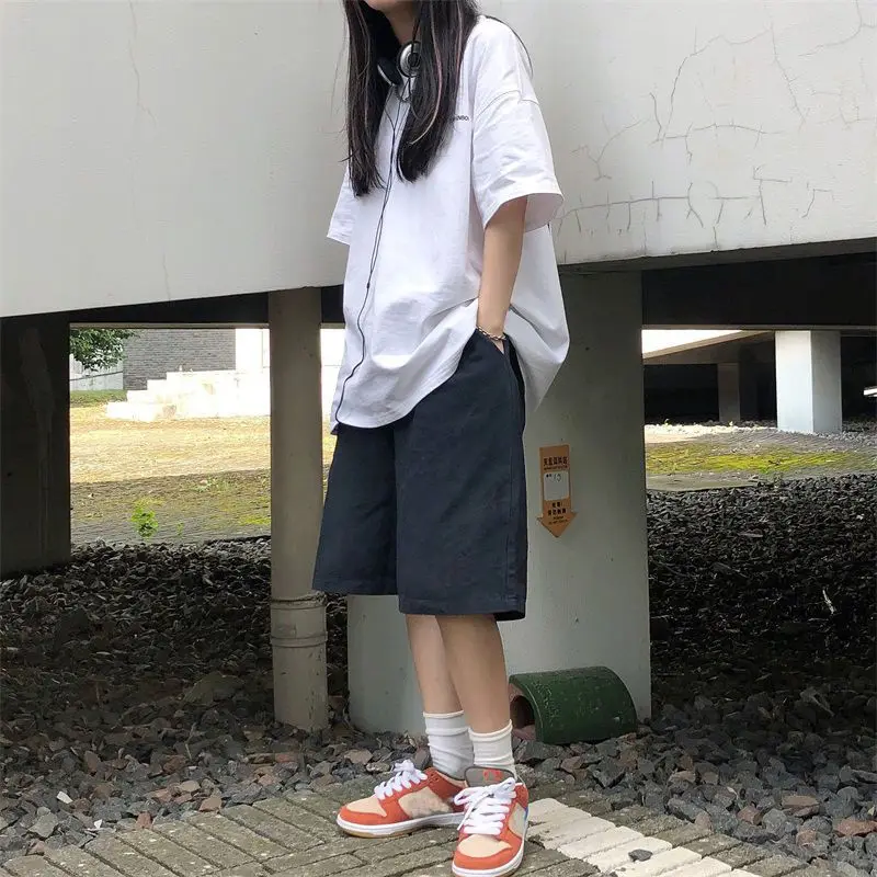 Ladies Japanese Style Pure Cotton Loose Trousers 2023 Sumner New Elastic Waist Solid Color Pocket Knee Length Straight Pants