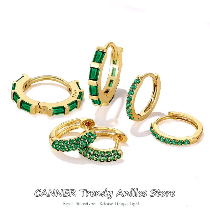 

CANNER Emerald Zircon Hoop Earrings Plata Real 925 Sterling Silver Zircon Pendant Earring For Women Ear Studs Jewelry Pendientes