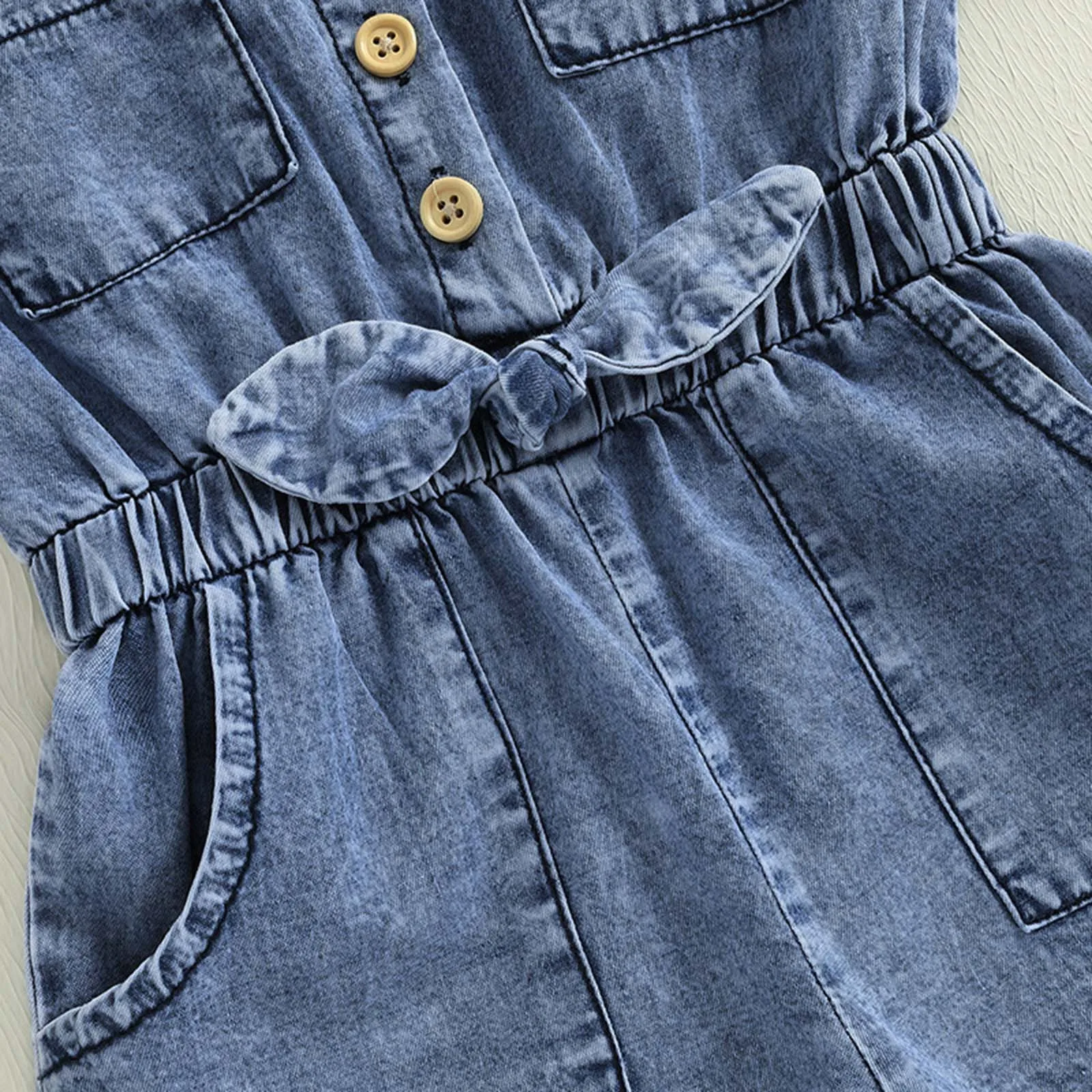 Toddler Girls Denim Overalls Shorts Short Sleeves Turn Down Collar Button Down Elastic Waist Children Jean Jumpsuit 1-4T 4