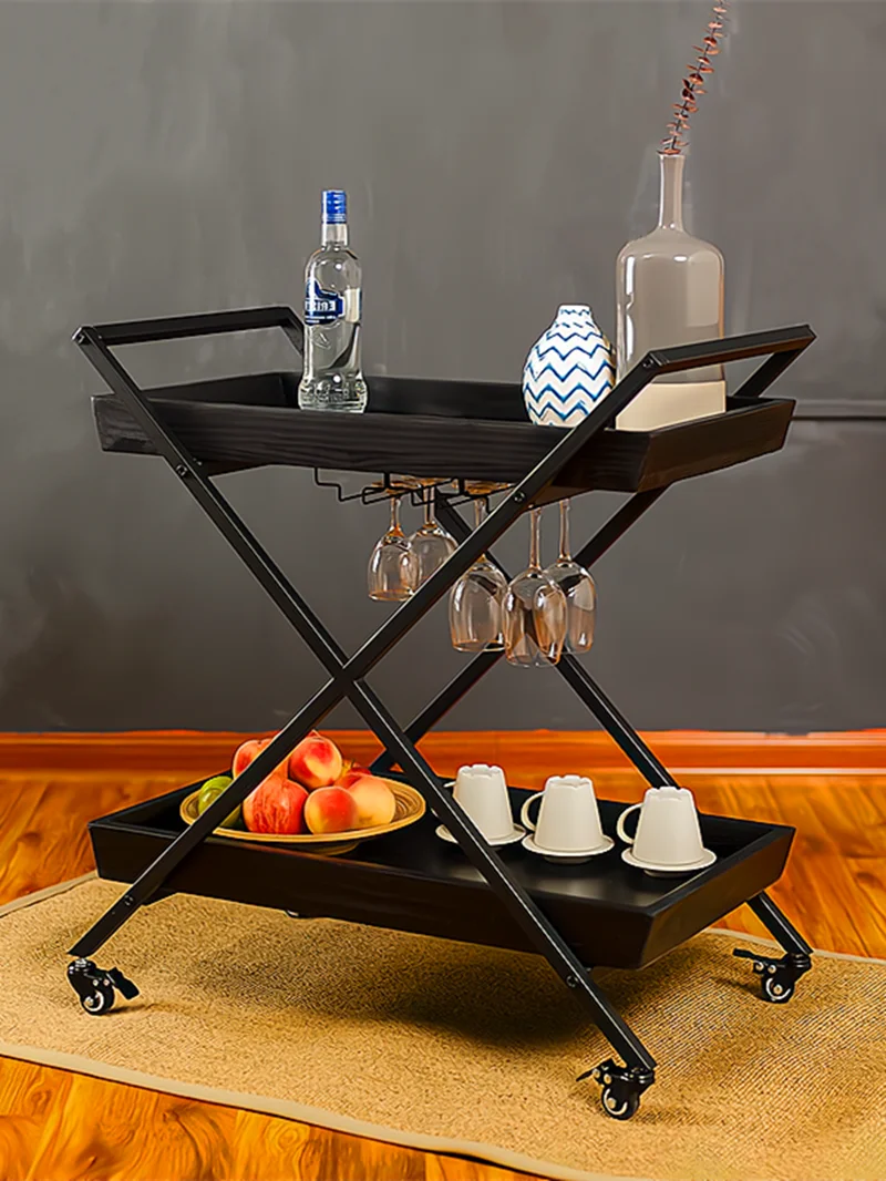 Retro Solid Wood Wrought Iron Dining Car, Hotel KTV Wine Service Car, Mobile Home Dining Tray Storage, Restaurant Trolley