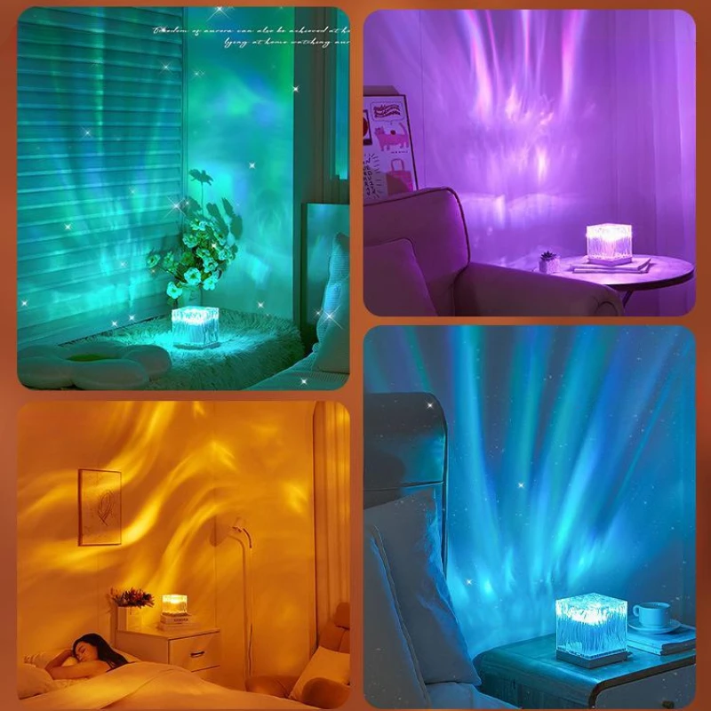 Aurora Crystal Lamp Water Ripple Projector Night Light Home Bedroom Aesthetic Decoration Atmosphere Holiday Gift Sunset Lights Night Light Star Projector Lamp Ocean Wave Projector Lamp Moon Projector Light