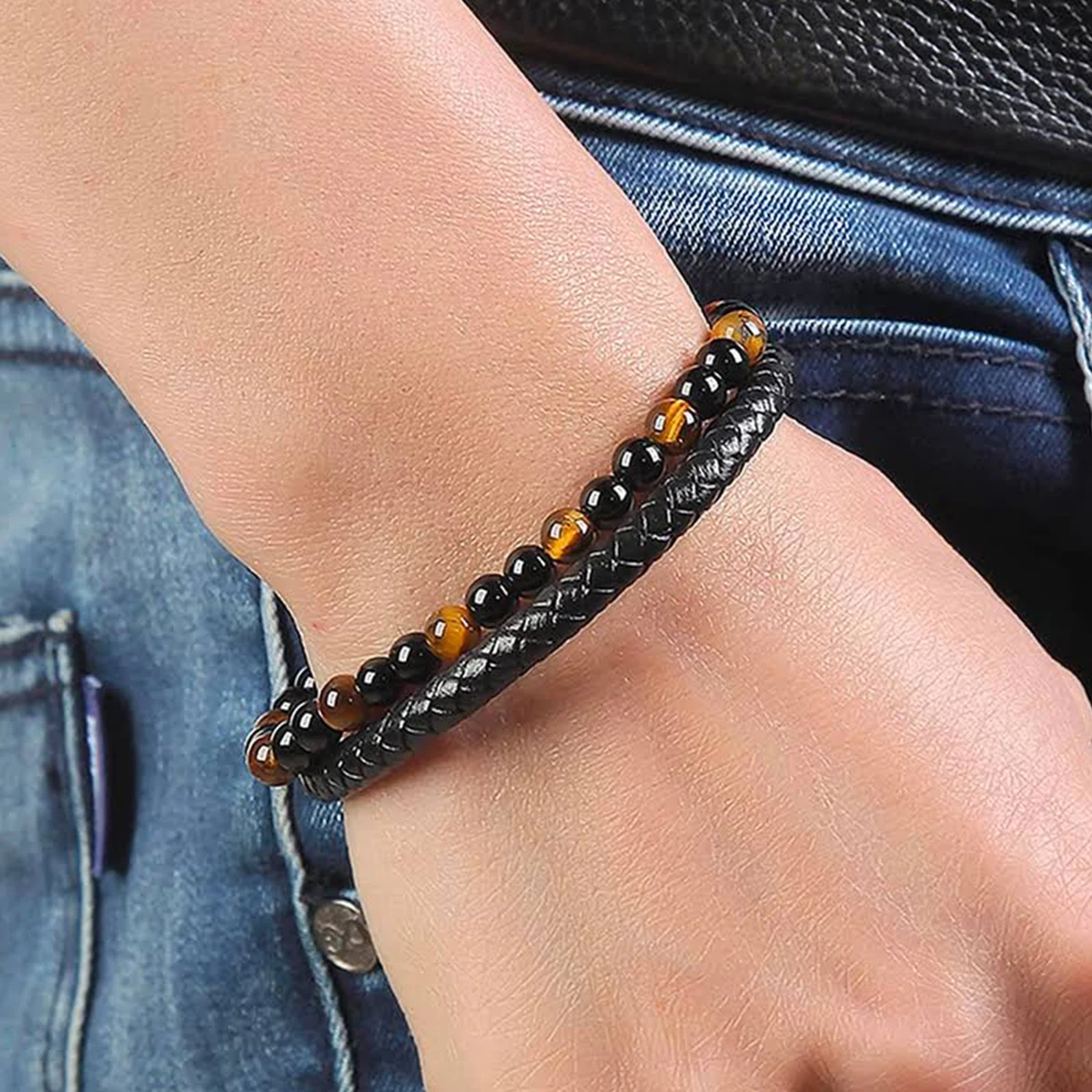 

Beaded Natural Stone Bracelet Male Cowhide Rope Agate Bracelet String European and American Hand Jewelry
