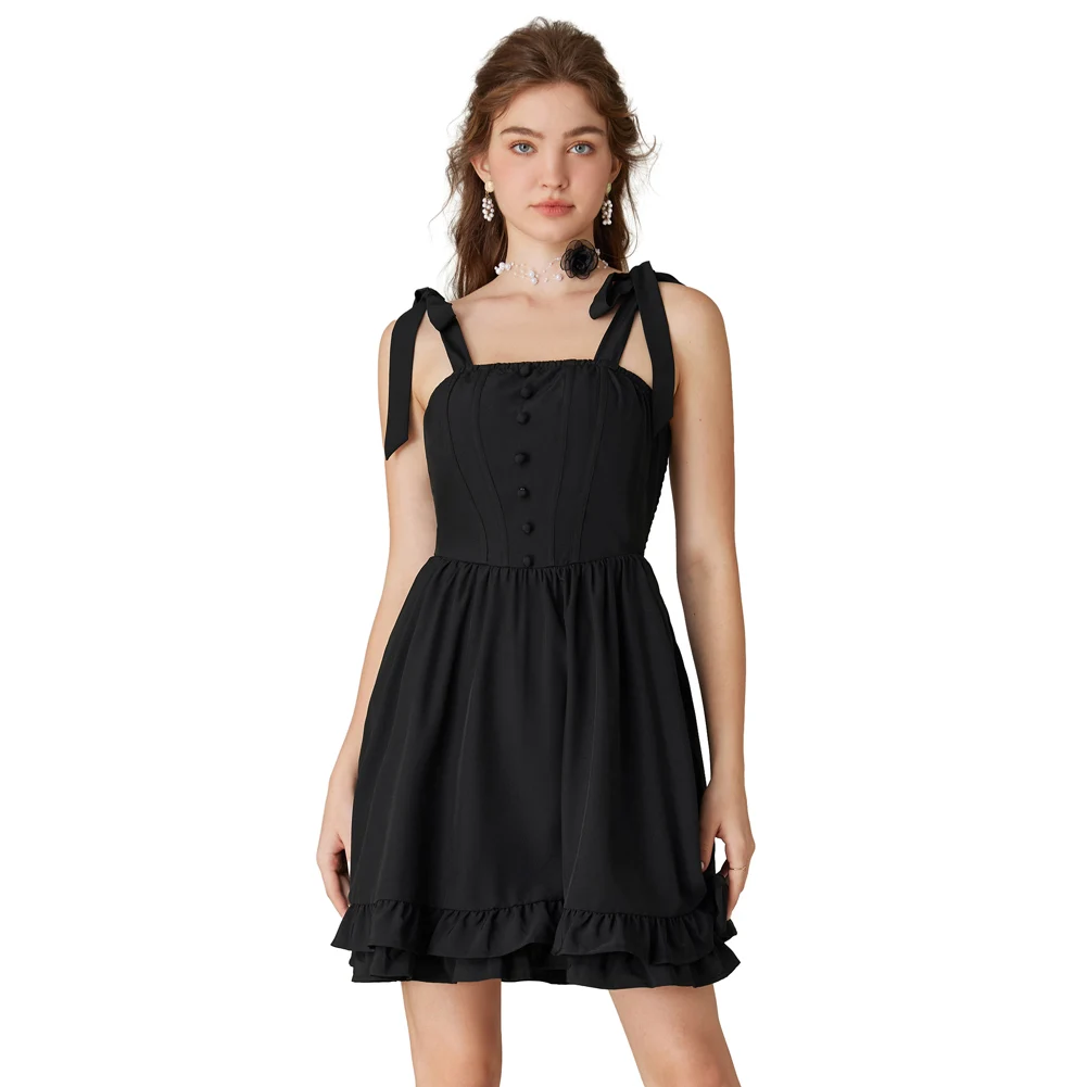 

SD Women Renaissance Ruffled Hem Dress Fashion Female Clothing Slim Fit Solid Tie-Shoulder Lady Vintage Square Neck A-Line Dress