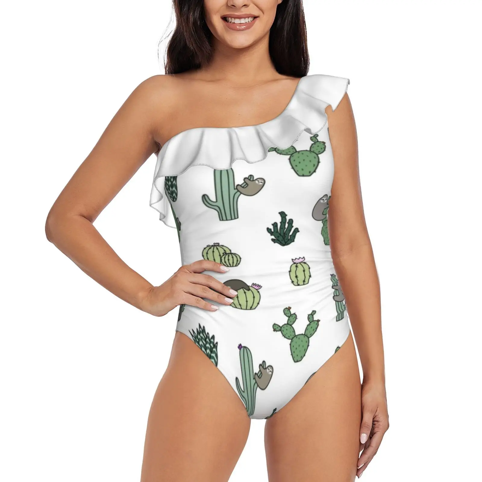 

Cacti Sloths One Shoulder Ruffle Swimsuit Women Swimwear Sexy Beach Wear Summer Bathing Suits Sloth Sloths Sloth Pattern Cactus