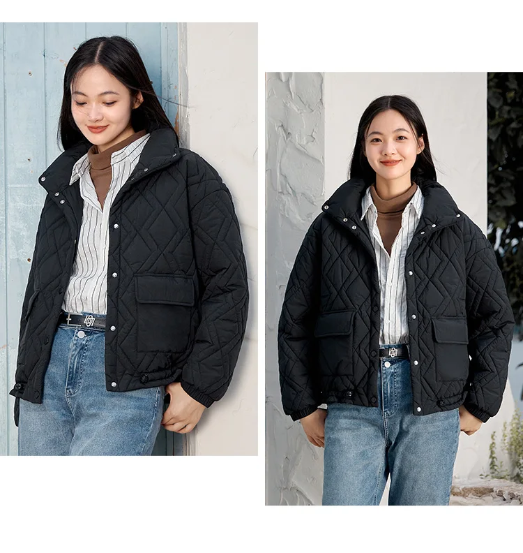 Cotton Clothing Women Stand Collar Loose New Winter Texture Rhombus Cotton Coat Fashion Casual