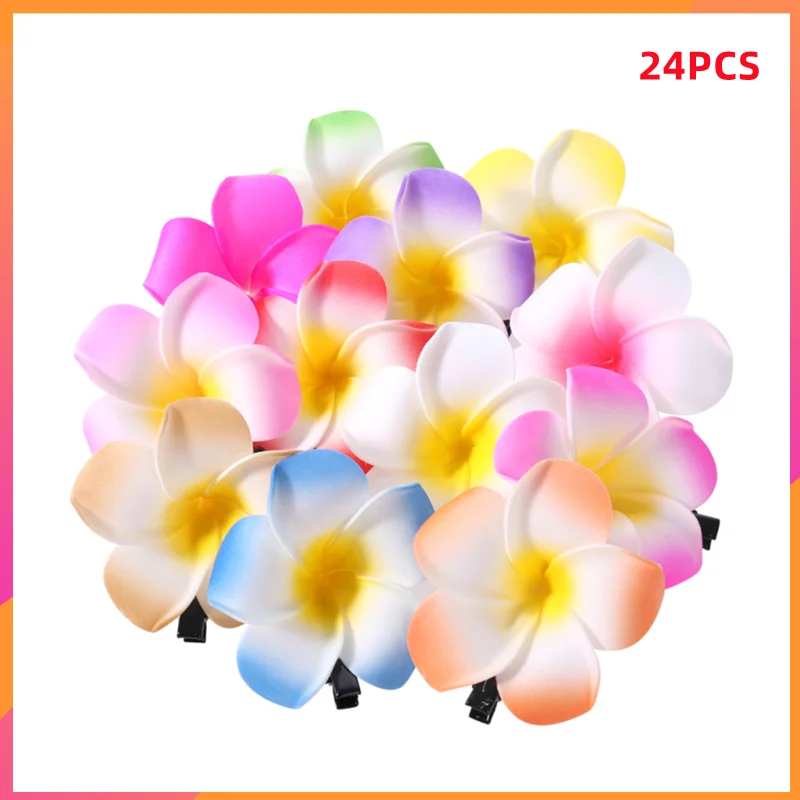 

24Pcs 2.4 Inch Hawaiian Plumeria Flower Hair Clip 6cm Hair Accessory For Beach Party Wedding Event Decoration (12 Colors)