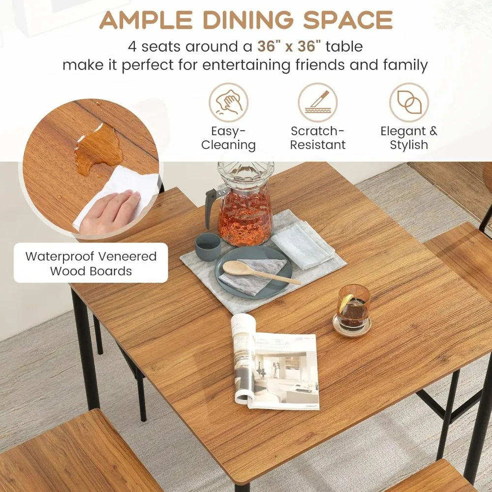 5-Piece Dining Table Set W/Counter Height Table & 4 Bar Stools, Industrial Kitchen Dining Table Set WITH/Footrest and Backrest 4