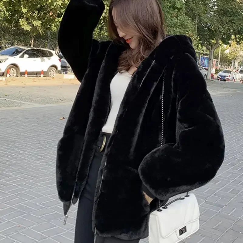 Women Hooded Faux Fur Coat Elegant Luxury V-neck Long Sleeve Fluffy Outerwears Lady Fashion Winter Daily Highstreet Jackets - 6