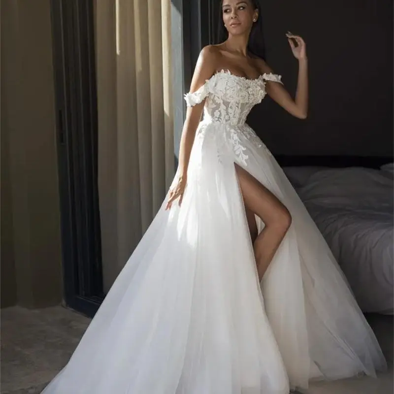

High Slit Tulle Wedding Dresses Bustier Corset Lace Flowy Bridal Gown Off the Shoulder Vestido De Novia Summer Beach Robes