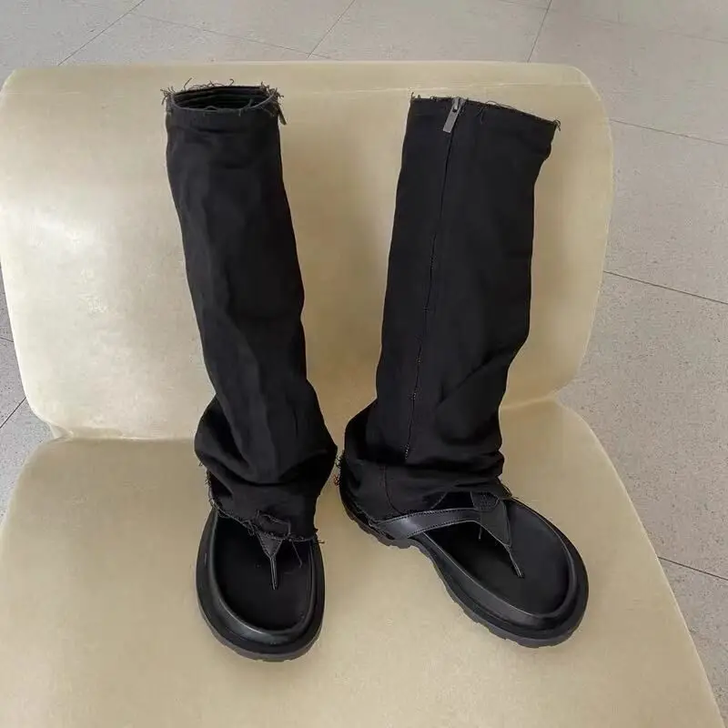 

2022 New Women Boots Dark Style EVA PU Jeans Knee-High Summer Slip-On Round Toe Slipper Boots Styeet Style