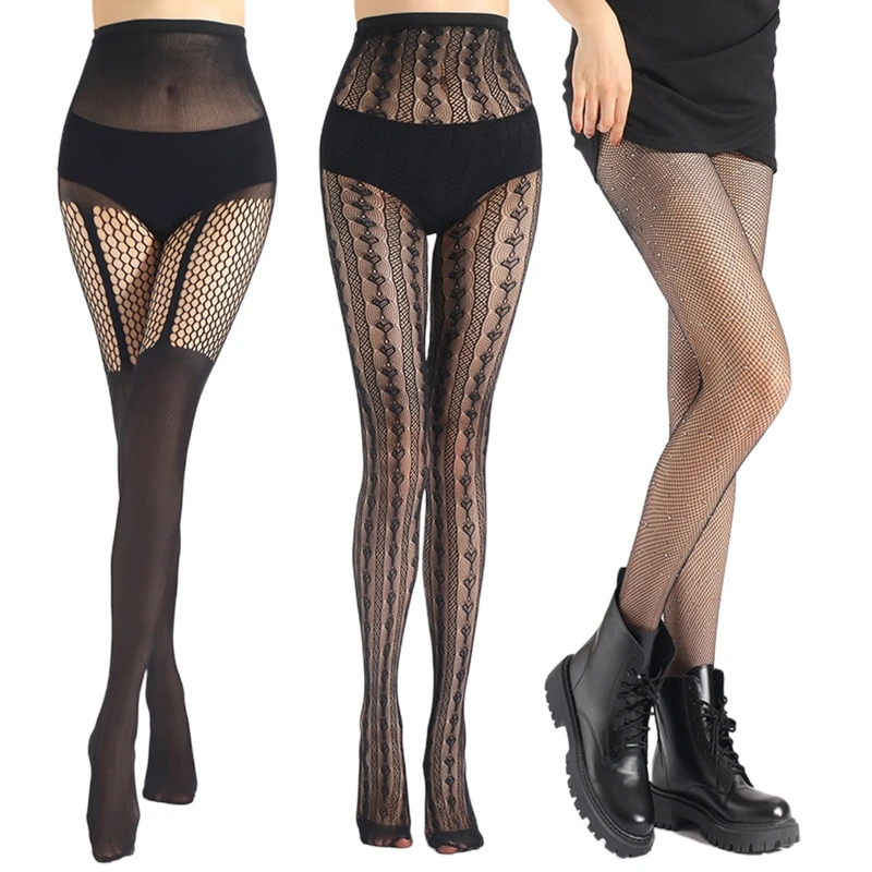 

Women Sexy High Waist Fishnet Pantyhose Harajuku Striped Heart Jacquard Patterned Sheer Mesh Tights Hollow Out Net Glitter for