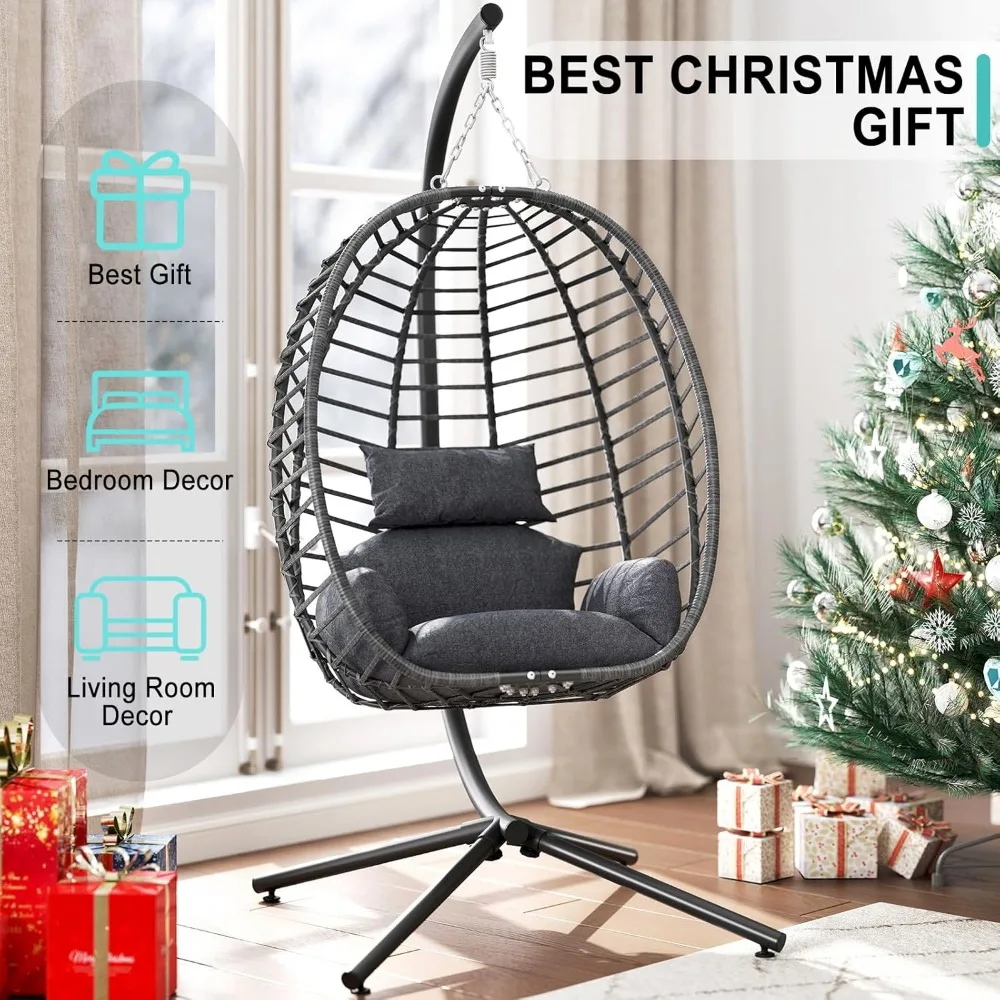Egg Swing Chair with Stand, Outdoor Hanging Egg Chair with Stand, Indoor Eggs Chair with Cushion, Patio Wicker Swing Eggs 2