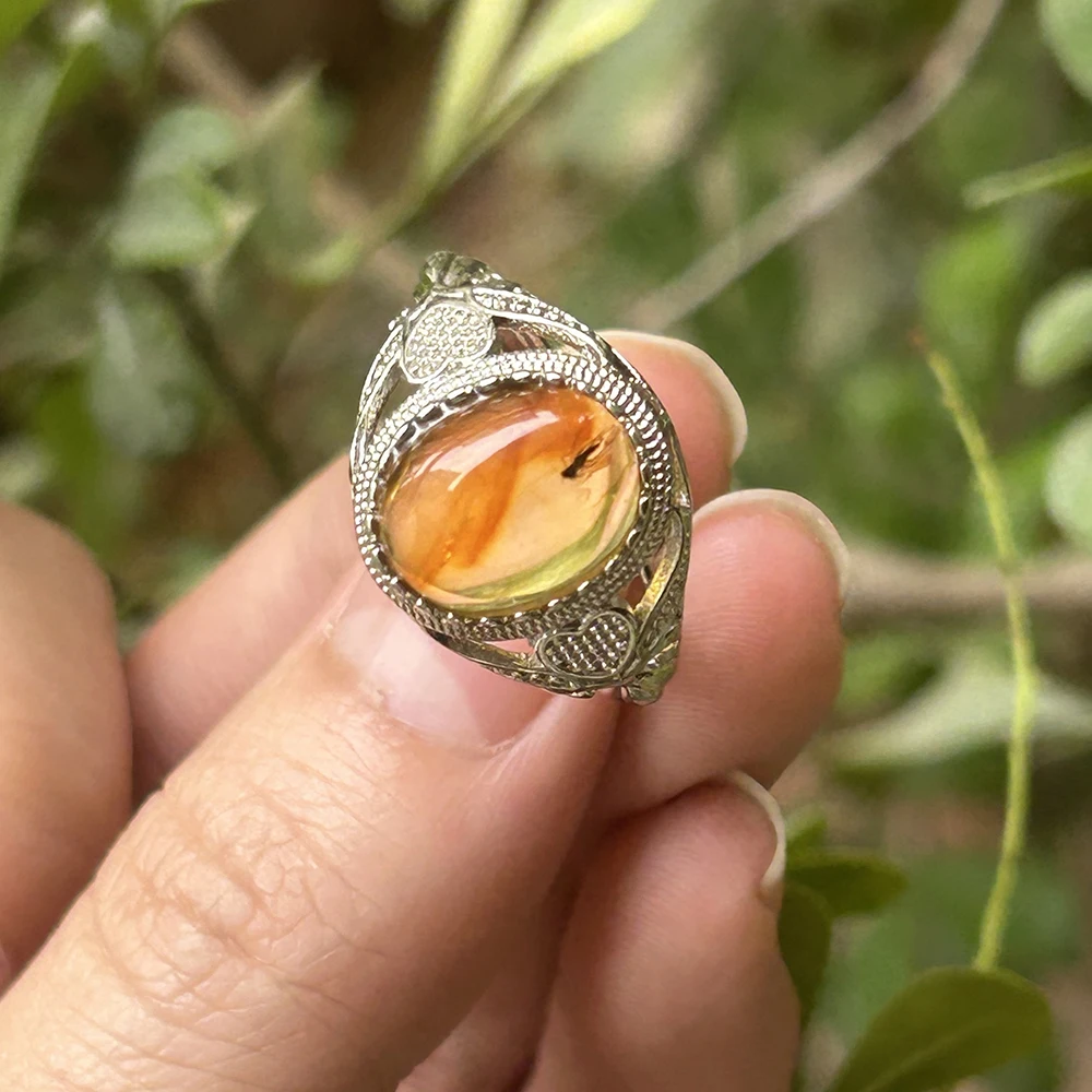 Natural Rose Red Cognac Amber/ Insect Amber Ring , Adjustable size for wearing, different ring holders, For Women Ring Gift 5