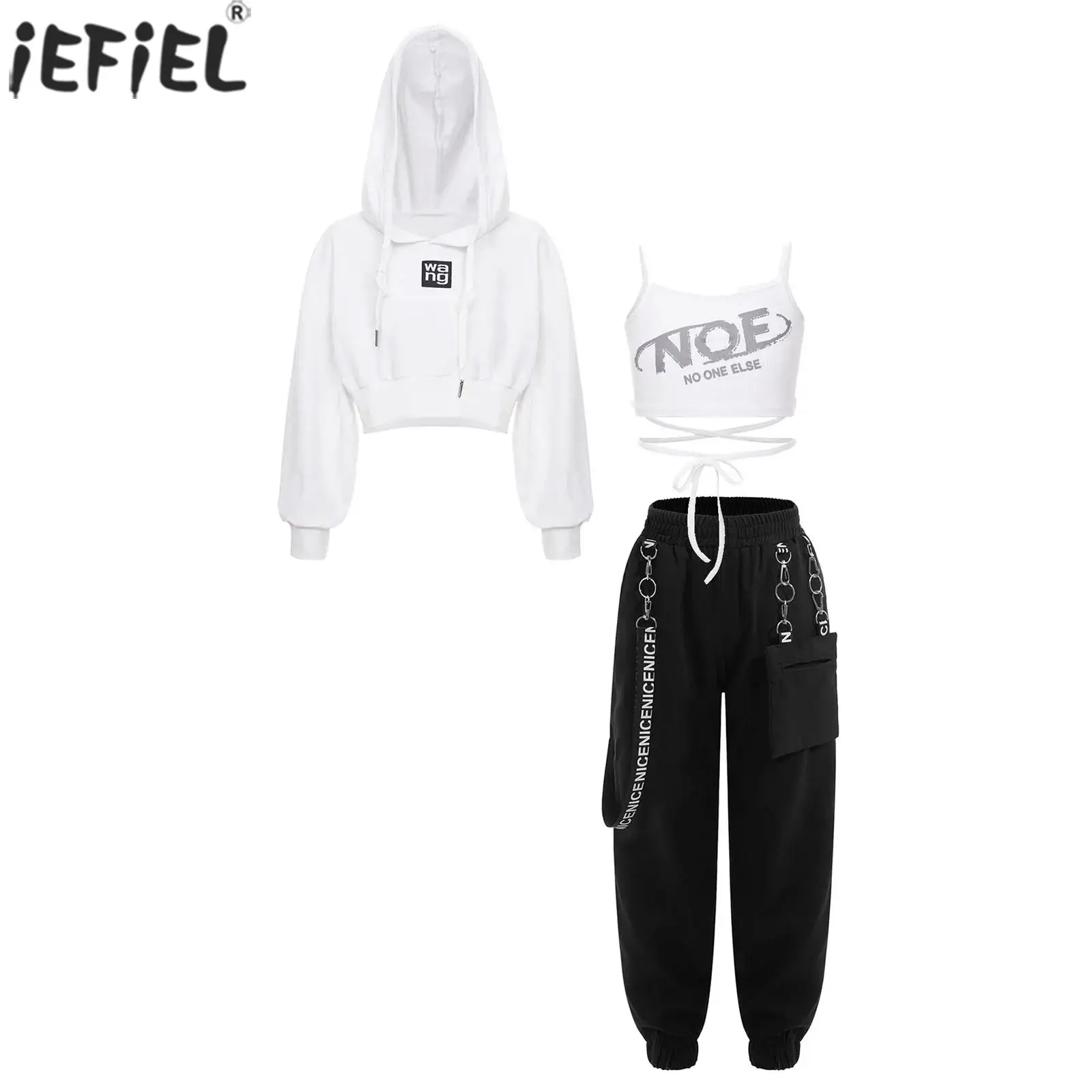 

Kids Girls Hip-Hop Jazz Dance Costume Letter Print Lace-up Vest Cropped Hoodie with Metal Chain Pocket Pants Workout Sports Suit