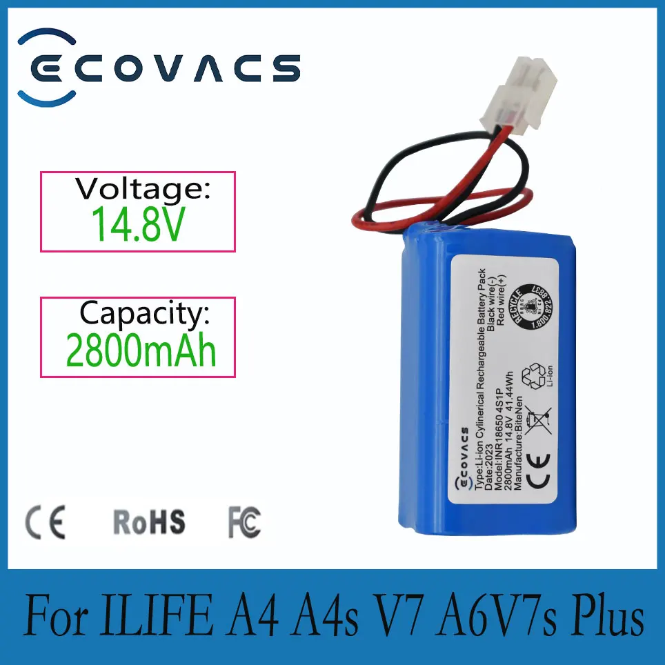 

ECOVACS 14.8V 2800mAh Lithium Battery For ILIFE A4 A4s V7 A6 V7s Plus Robot Vacuum Cleaner ILife 4S1P real Capacity