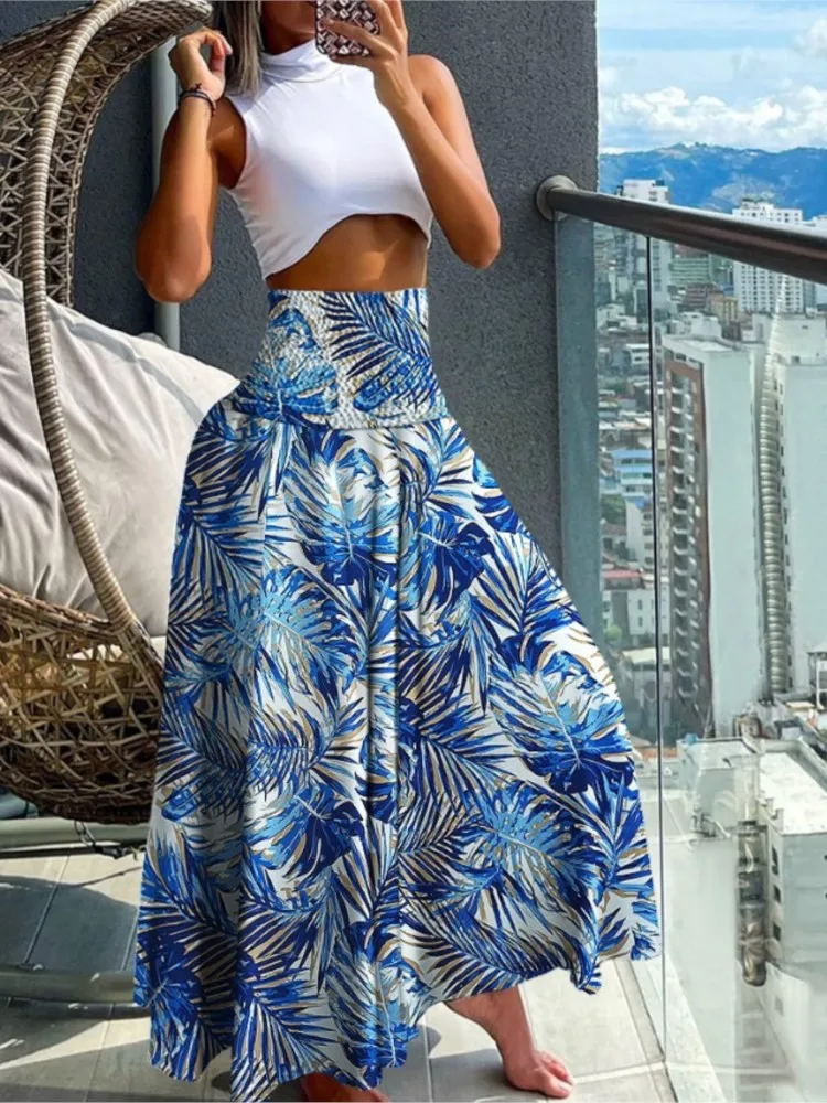 Women's Fashion Floral Print Skirt Casual High Waist Loose Long Skirts For Women Boho Holiday Beach Party Womens Clothing Summer 4