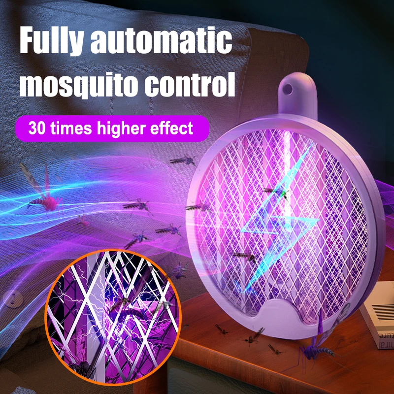 Raquete de mosquitos dobrável 2 em 1, lâmpada elétrica mata-mosquitos, mata-mosquitos recarregável via USB, mata-insetos elétrico_voghion.com