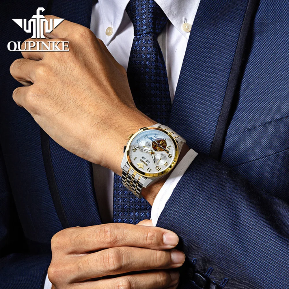 OUPINKE 3263 Man Watch Top Brand Number Scale Hollow Skeleton Automatic Watch For Men Date Mechanical Wristwatch 50M Waterproof