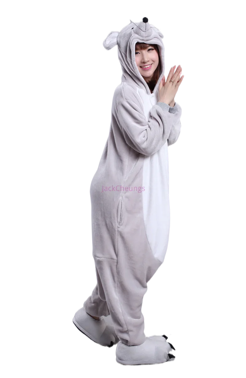 Adults Flannel Kigurumi Animal Costume Grey Rat Mice Womens or Men's Onesies Pajama for Halloween Carnival Party