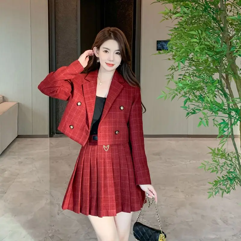 

UNXX Autumn Small Fragrance Vintage Tweed Two Piece Set Elegant Korea Red Women Crop Top Woolen Short Jacket Coat + Mini Skirts