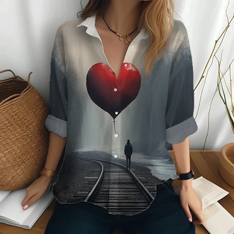 Heart and track 3D print shirt Loose casual long sleeve shirt Spring and autumn new lapel shirt Harajuku oversized shirt