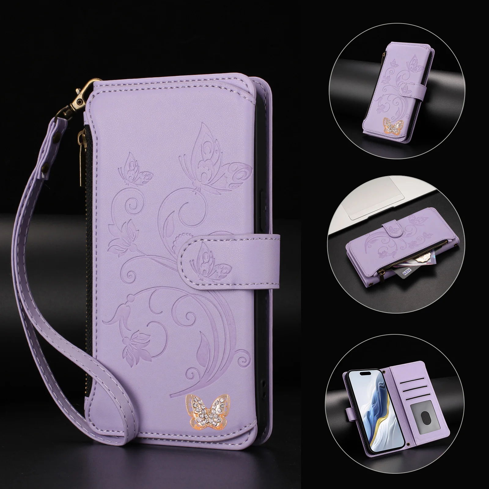 Elegant Flower Vine Leather Lanyard Wallet Case with Multi-Card Holder and Phone Bag Flip Cover