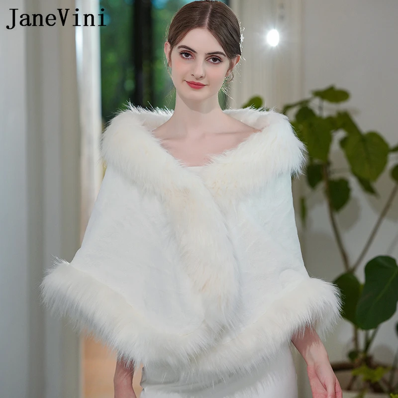 

JaneVini 2023 Winter Faux Fur Wrap Shawl Bridal Bolero Wedding Cape for Bride Fur Stole Formal Shrugs Party Jacket for Women 볼렌로