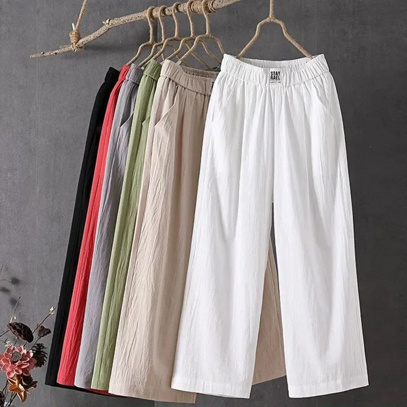 Classy Summer Cotton Elastic Pants Waist Rose Straight