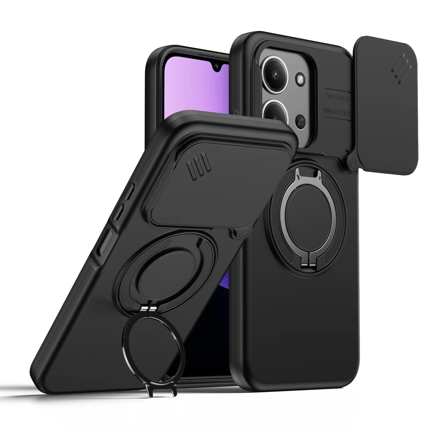 Shockproof Sliding Camera Cover Case with Metal Ring Stand and TPU Frame - Armor Series