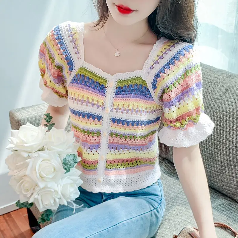 

Summer Thin Short Knitted Cardigan Women's 2023 Summer New Rainbow Stripe Square Neck Bubble Short Sleeve Thin Knitted Top