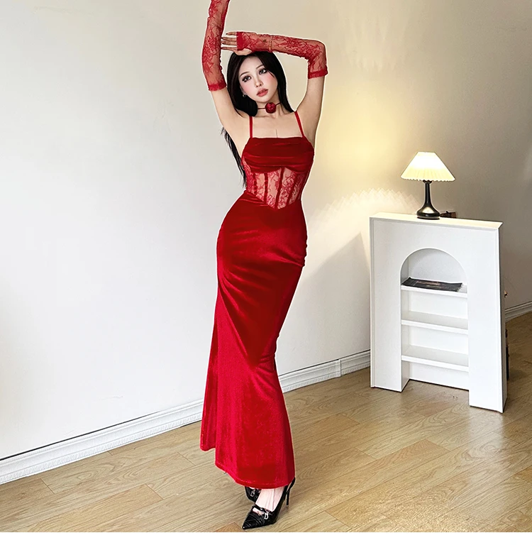 Sexy Bodycon Velvet Dresses for Women Spaghetti Strap Corset Slim Waist Slit Evening Party Dress Prom Robe Christmas Vestidos