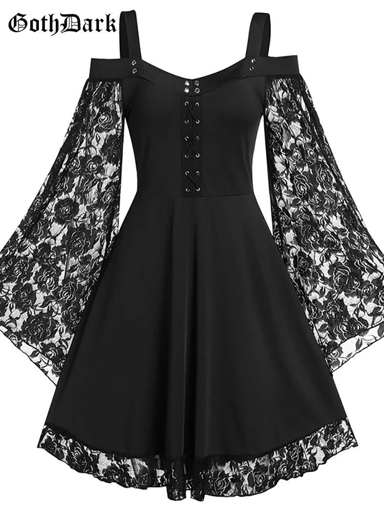 

Goth Dark Gothic Aesthetic Vintage Women Autumn Dresses Grunge Lace Patchwork Flare Sleeve Black A-line Dress Punk Partywear