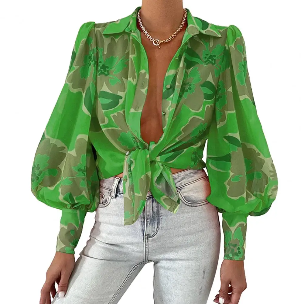 

Women Shirt Tops Lapel Puff Long Sleeve Printing Loose Thin Blouse Workwear قمصان وبلوزات