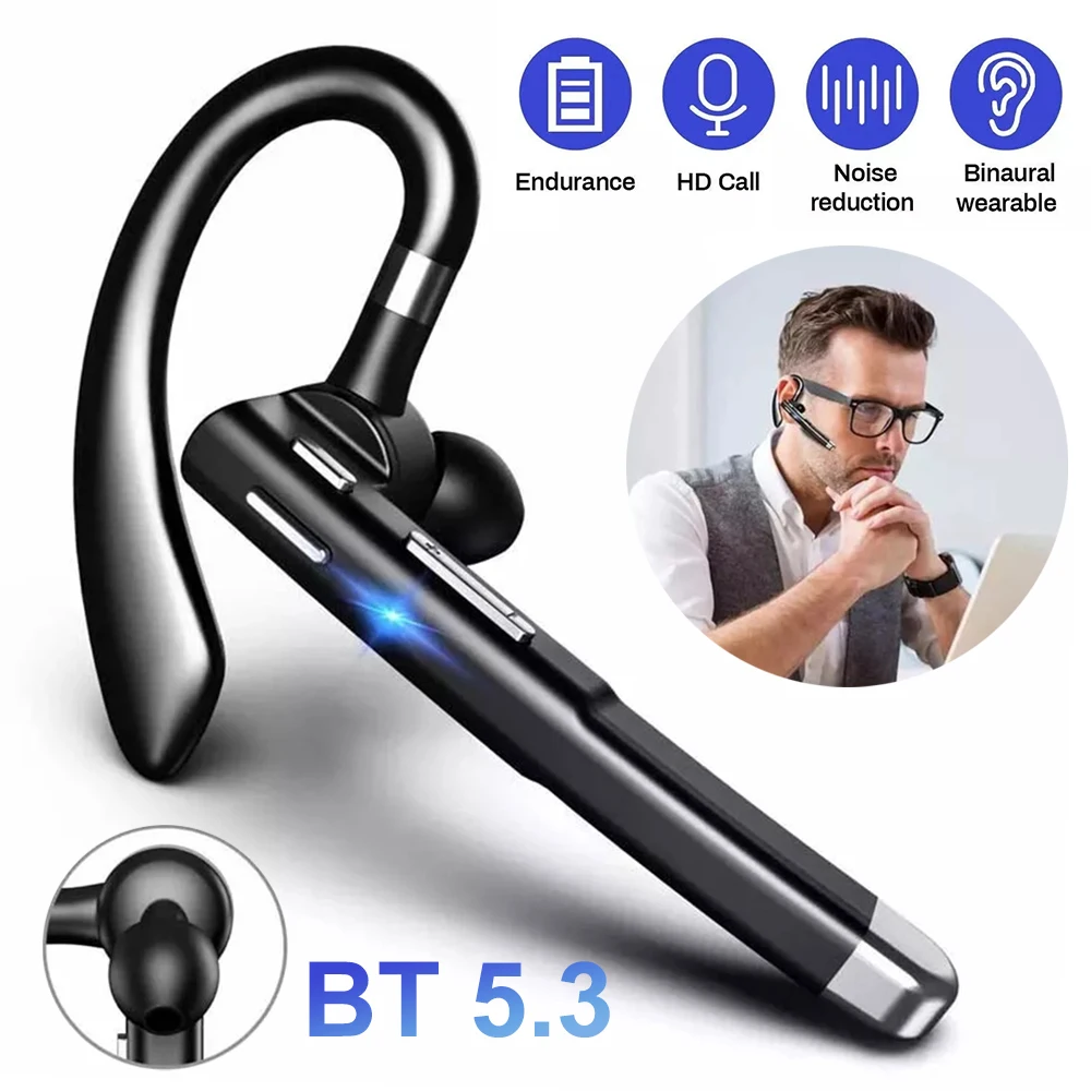 Wireless Bluetooth 5.3 Headset Ear-hook Single Ear Driving Headphone With Dual-Mic CVC8.0 Noise Cancelling Handsfree Earphones