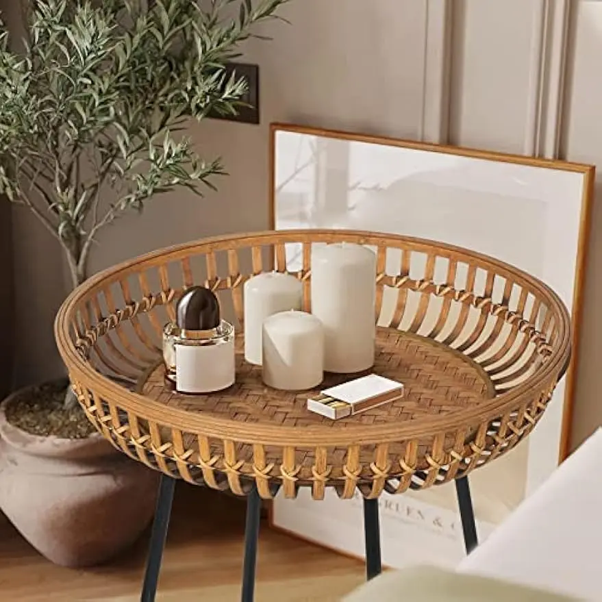 Comfort corner Rattan Side Table Nesting Tables Set of 2, Bamboo Round Coffee Table Metal Base End for Living Room