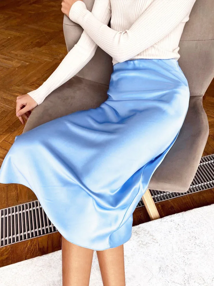 Solid Purple Satin Silk Skirt Women High Waisted Summer Long