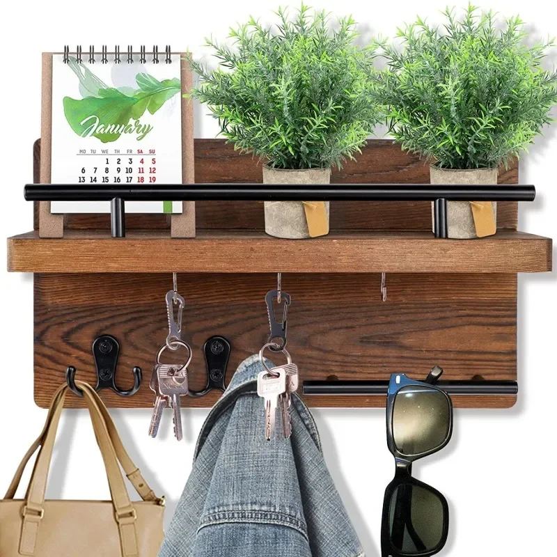 Wooden Wall Key Holder with 5 Hooks Mail Organizer with Shelf Home Decor for Entryway Hallway 3
