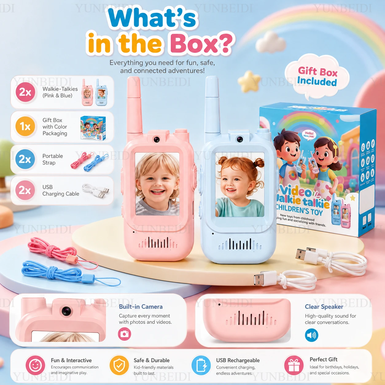 Walkie-talkie HD per bambini, 2 pezzi, 2 stili, interfono, ricarica USB, per interni ed esterni, giocattoli per bambini, regali di compleanno per ragazzi e ragazze dai 3 anni in su - immagine 4