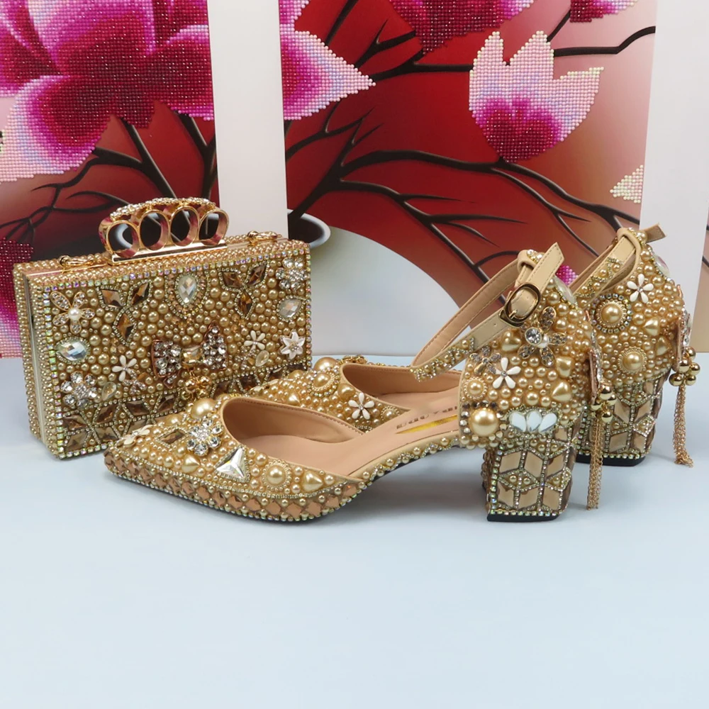 Prom Shoes Chunky Gold Shoes Luxury Champagne Golden Crystal