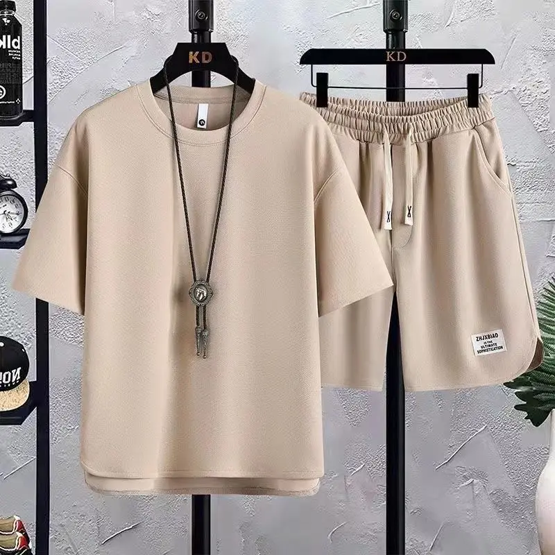 Summer Korean Trend Versatile Casual Sets Men Solid Round Neck Short Sleeved Top Elastic Waist Drawstring Pocket Sports Shorts