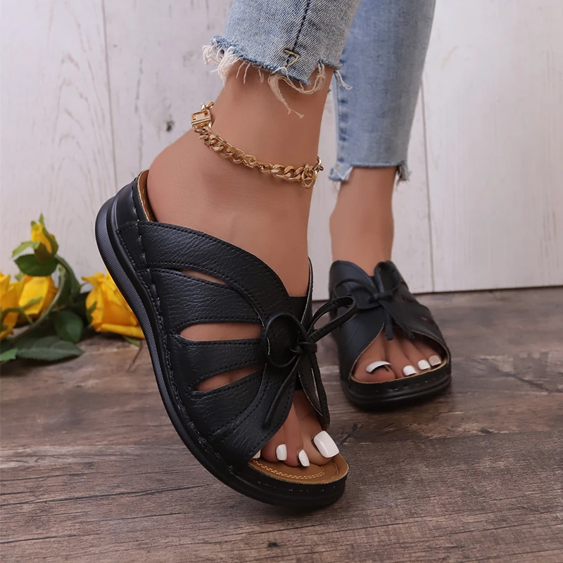 

Fashion Summer Retro Sandals 2024 New Hollow Open Toe Flip-flops Casual Thick Sole Shallow Mouth Non-slip Beach Lady Slippers