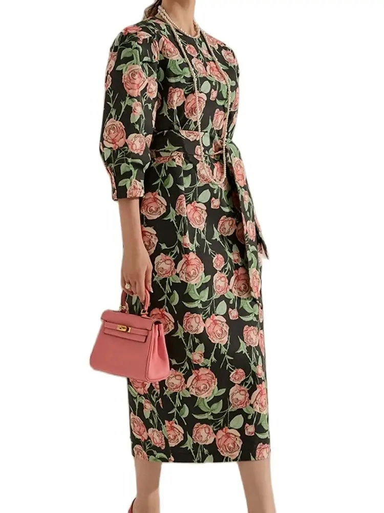 

Elegant Round Neck Bubble Sleeve Printed Dress 2024 New Korean Fashion Women'S Clothing