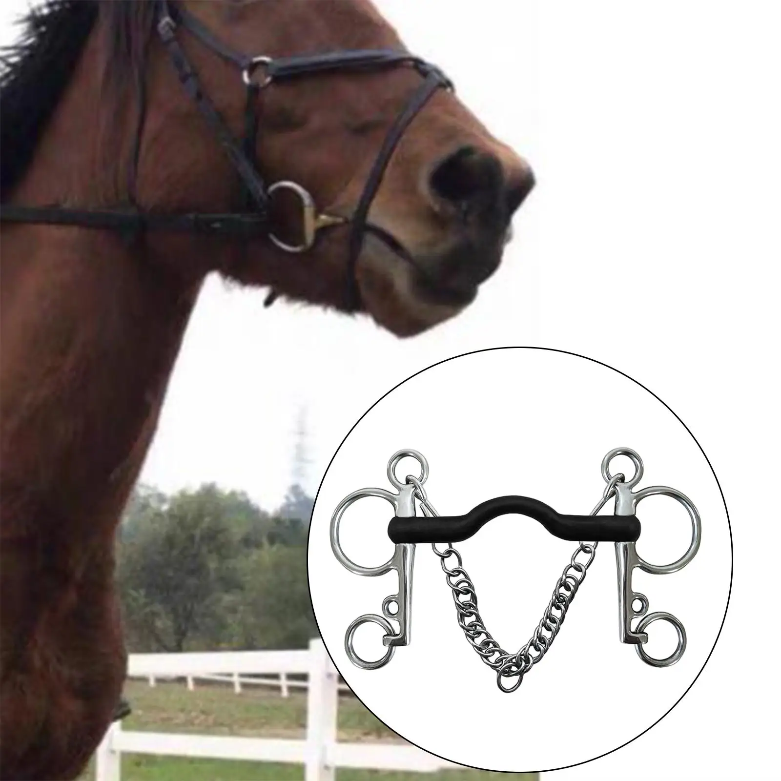 

horse Bit W/Curb Hooks Chain with Silver Trims Horse Gag Bit Cheek Mouth for Horse Chewing Horse Bridle Training Equipment