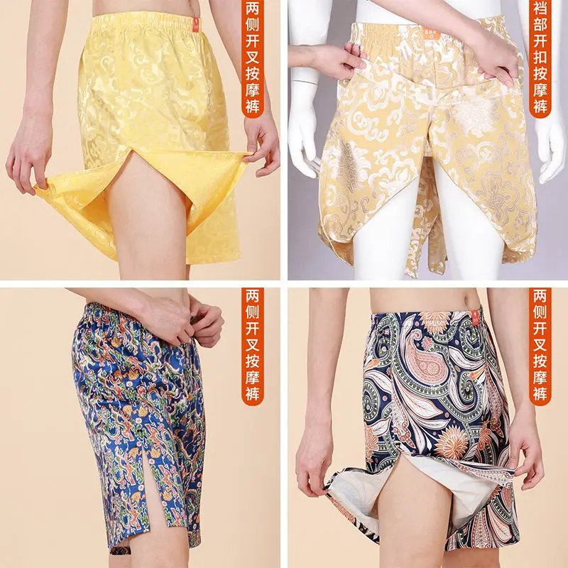 High Split Men's Ice Silk Floral Print Satin Glossy Shorts Male Plus Size Casual Sleeping Shorts Bottoms