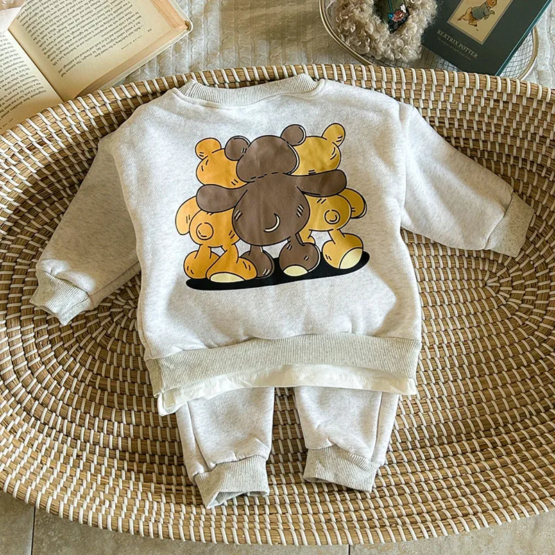Winter Kids Hoodie Set Cartoon Bear Sweatshirt Suit